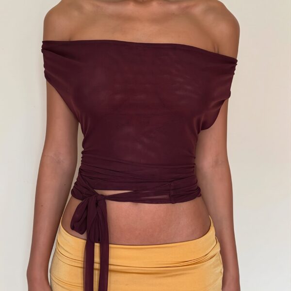 Chic Burgundy Draped V Neck Cinched Crop Blouse