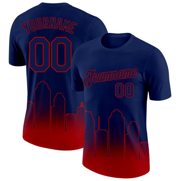 Custom Navy Red 3D Houston City Edition Fade Fashion Performance T-Shirt