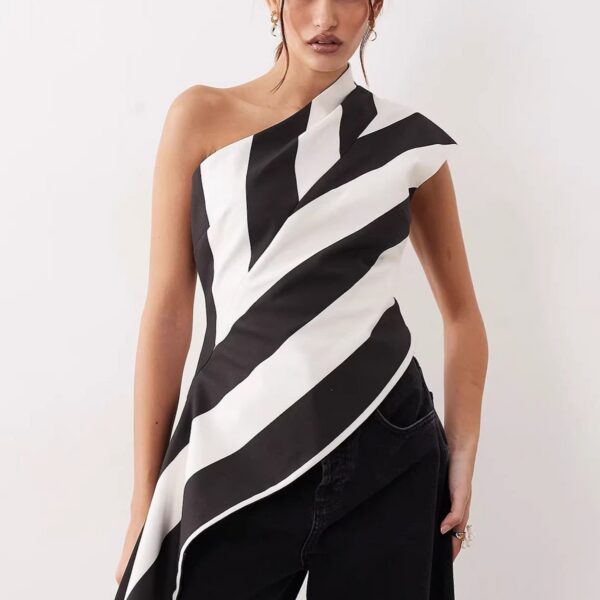 Striped Chiffon One Shoulder Tie Blouse