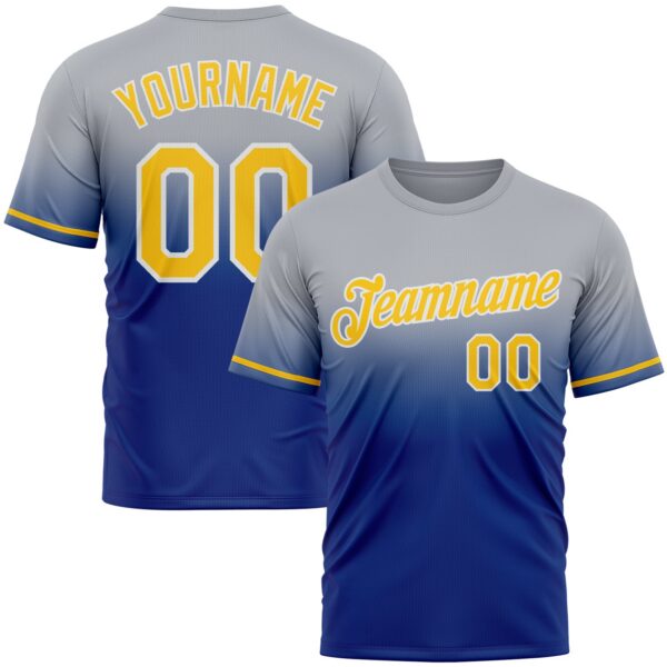 Custom Gray Yellow-Royal Fade Fashion Performance T-Shirt