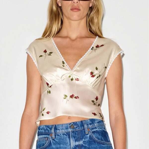 Floral Satin Vintage Lace Trim Blouse